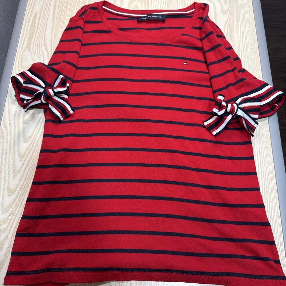 Tommy Hilfiger red with navy blue horizontal striped bow tie short sleeve top #p
